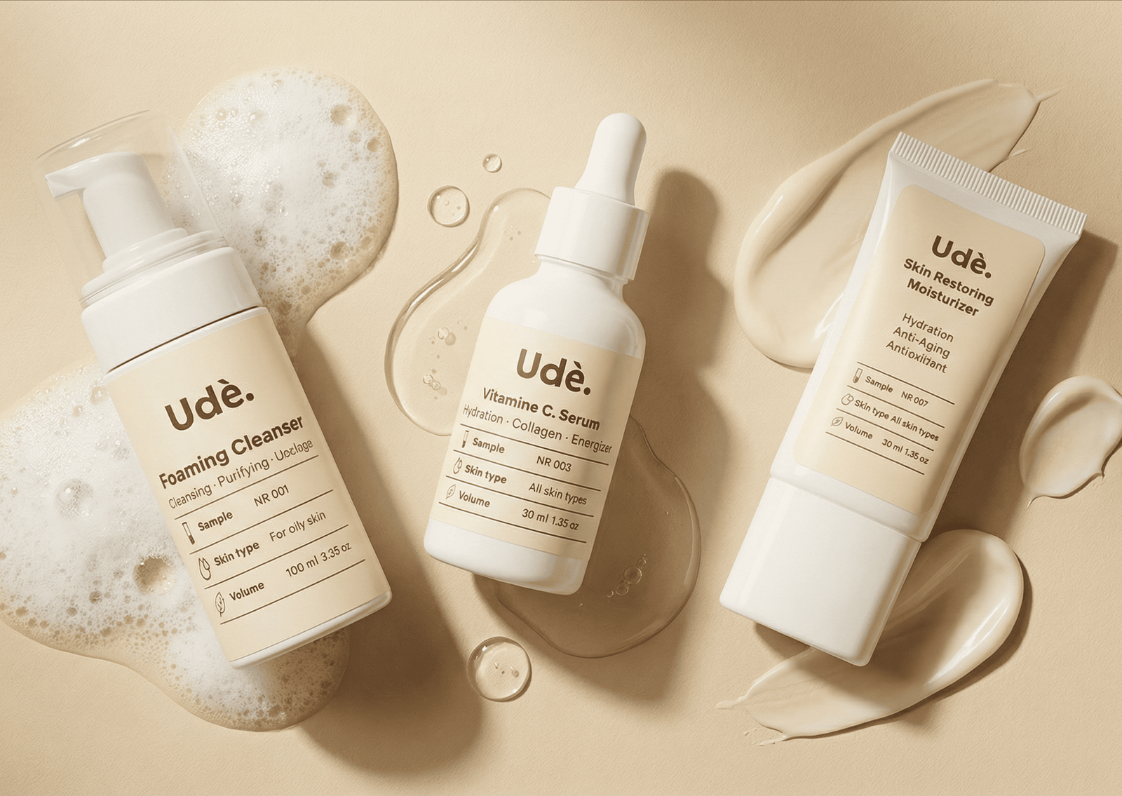 Ude skincare producten op homepage, waaronder moisturizer, foaming cleanser en vitamine C serum