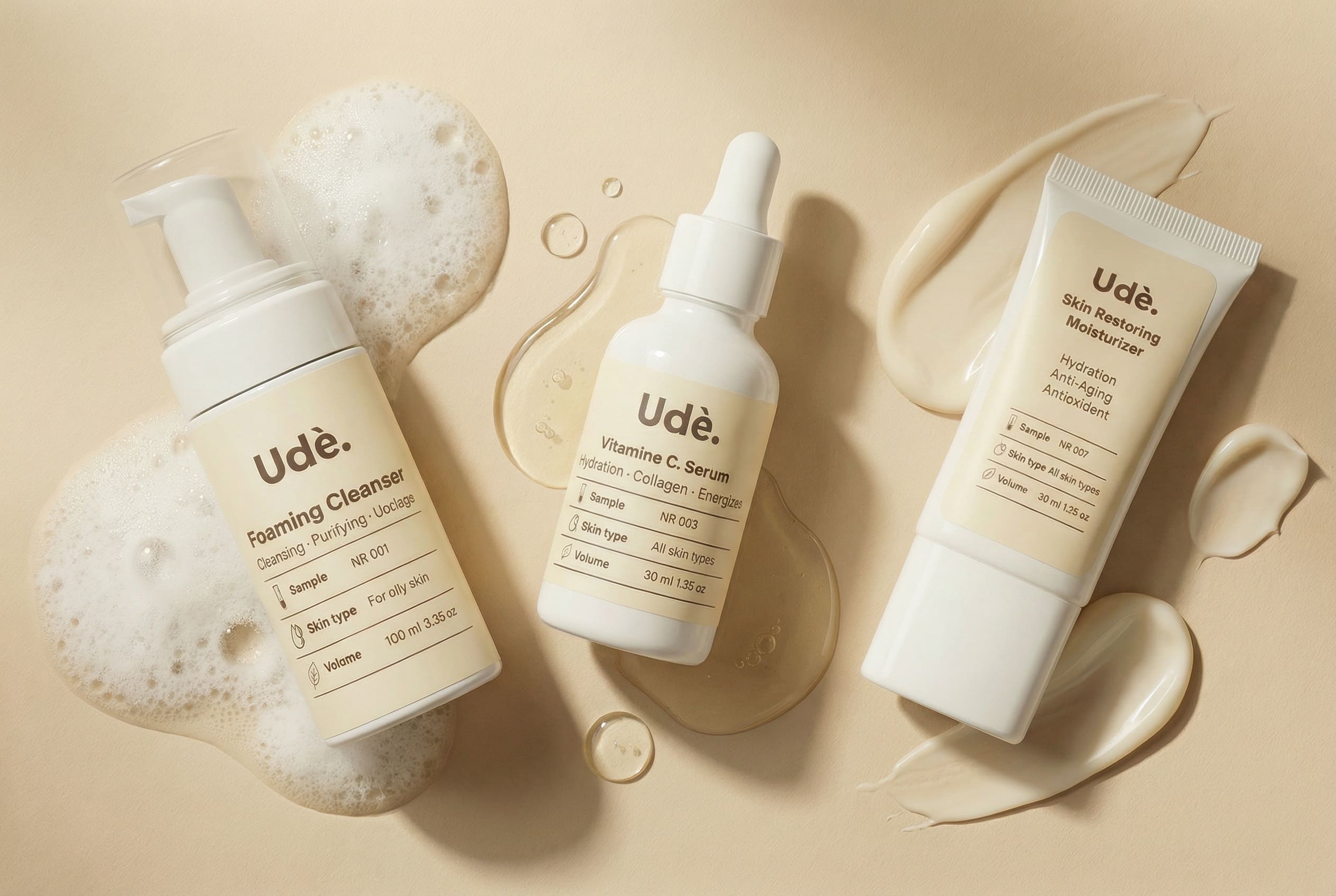 Ude skincare producten op homepage, waaronder moisturizer, foaming cleanser en vitamine C serum