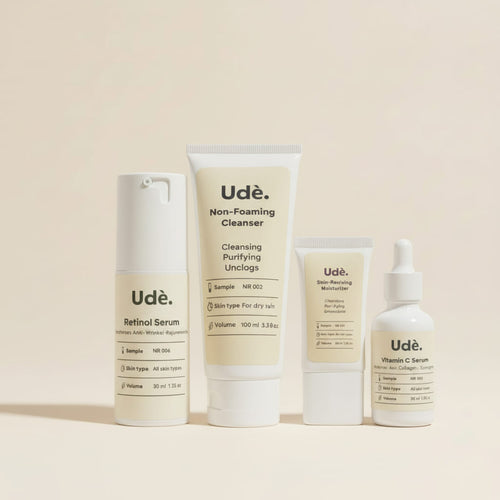 Complete skincare bundel voor droge en normale huid met non-foaming cleanser, vitamine C serum, retinol serum en moisturizer.