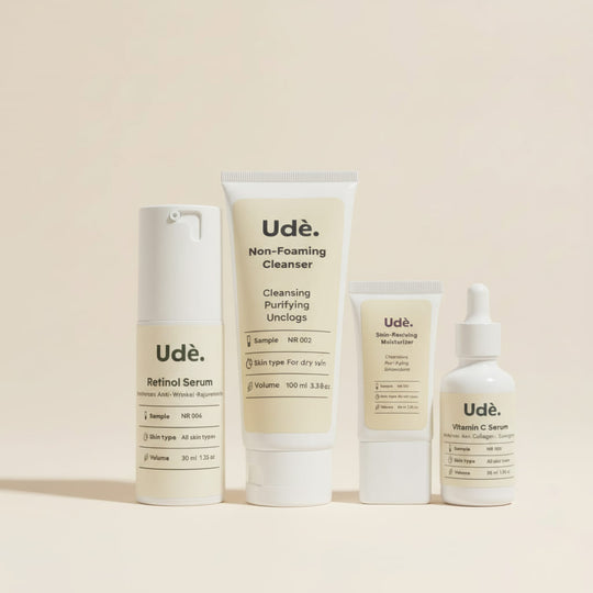 Complete skincare bundel voor droge en normale huid met non-foaming cleanser, vitamine C serum, retinol serum en moisturizer.