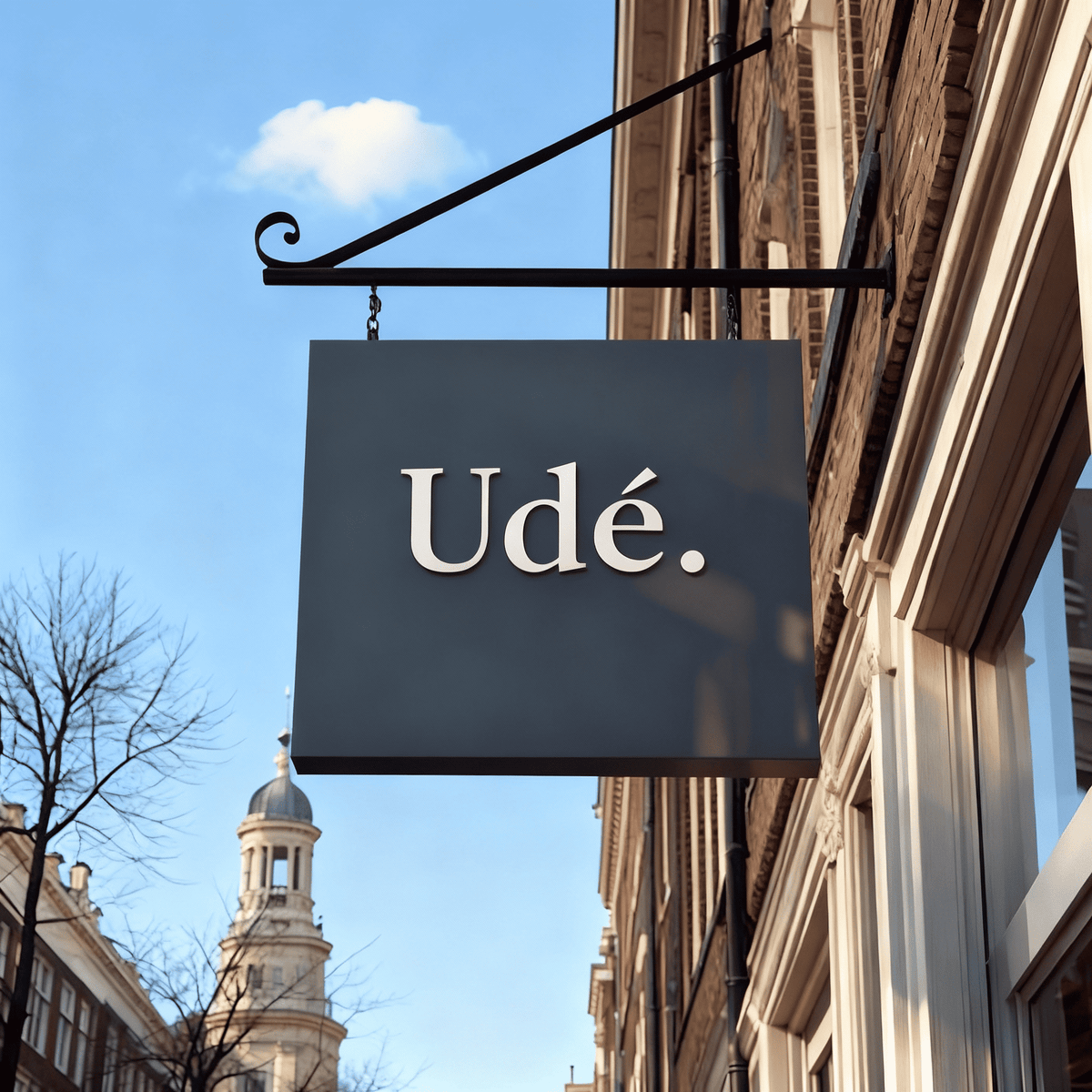 Uithangbord met het Udé-logo aan de gevel van het merk, symbool voor de identiteit en visie van Udé Skincare