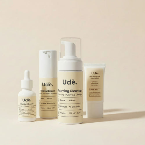 Skincare bundel voor vette en gecombineerde huid met foaming cleanser, vitamine C serum, retinol serum en moisturizer.